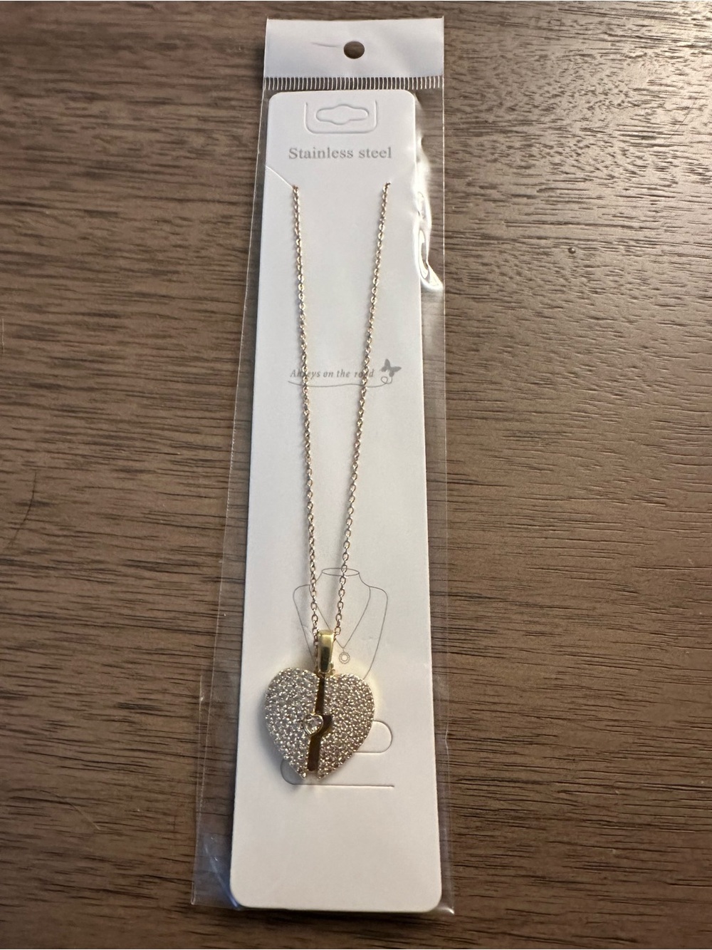 Stainless Steel Gold-Tone Heart Pendant Necklace with Sparkle